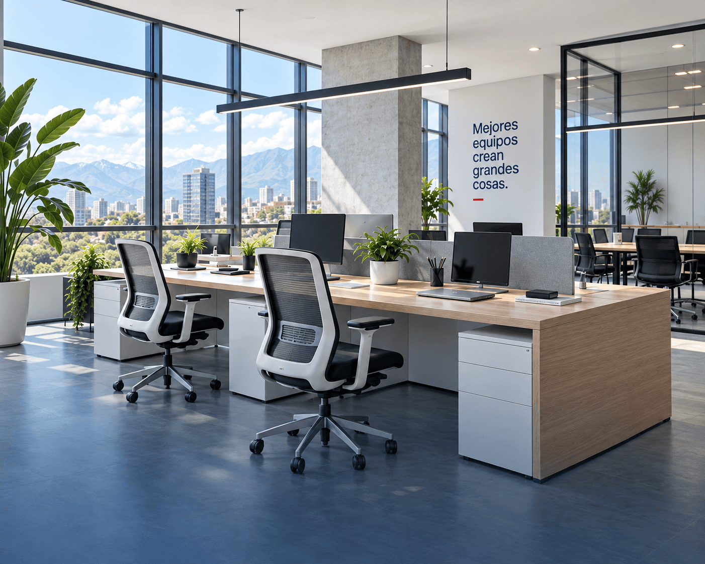 Oficina luminosa con estaciones de trabajo en madera y sillas ergonómicas